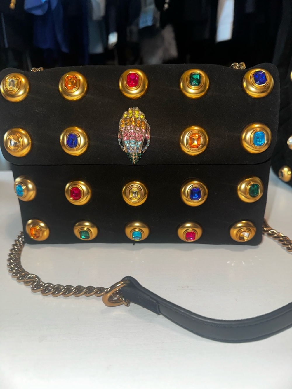 Kurt Geiger Black Crossbody with Gold-Tone Studs and Multicolor Gem Accents